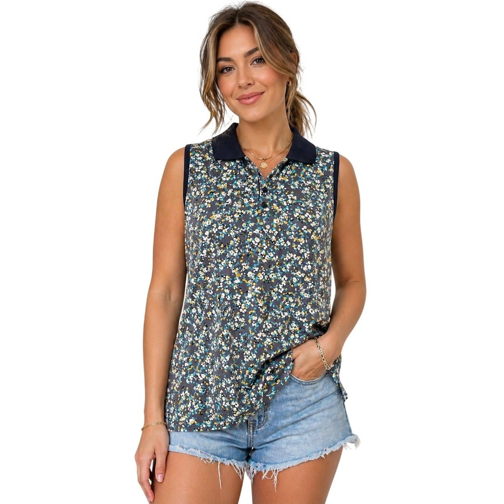 Tribal Sport Women's Sleeveless Floral‎ Polo Top Nautical Blue Golf Tennis M NWT